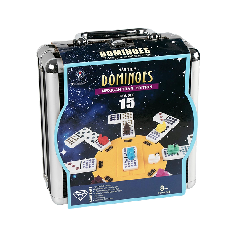 Dominó doble 15 con puntos de colores en caja de aluminio